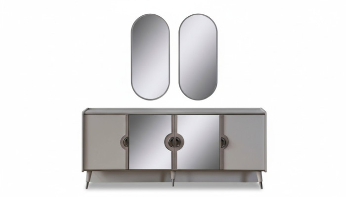 Gray furniture set, designer 4-door sideboard, exclusive 3-piece mirror