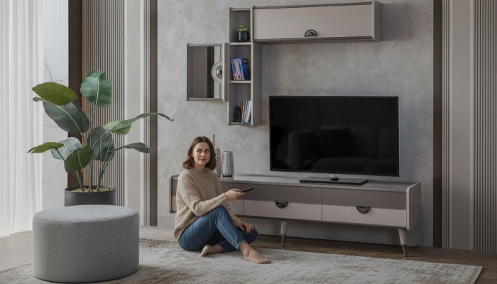 Beige living room sideboard sturdy TV stand lowboard luxury shelves