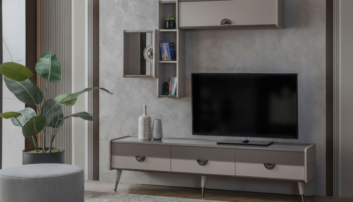 Beige living room sideboard sturdy TV stand lowboard luxury shelves