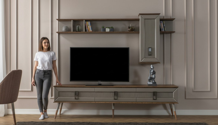Modern brown living room furniture, robust sideboard, designer shelf 2-piece set