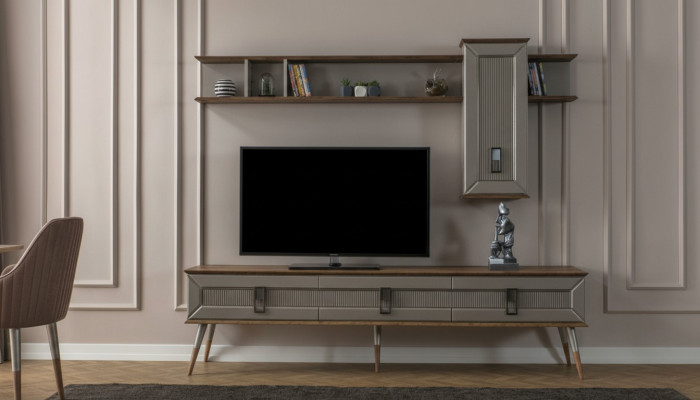 Modern brown living room furniture, robust sideboard, designer shelf 2-piece set