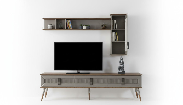 Modern brown living room furniture, robust sideboard, designer shelf 2-piece set