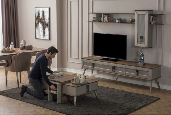 Designer living room set TV stand wood shelves coffee table RTV new