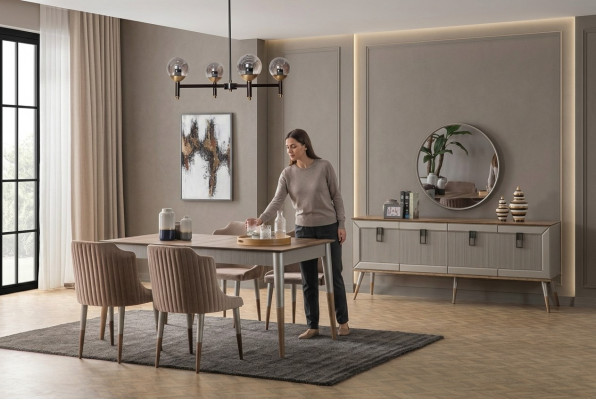 Beige Dining Room Set Rectangular Wooden Table 6x Upholstered Chairs 7-piece Set
