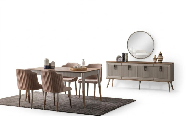 Bright dining room set, robust dining table, luxurious sideboard, 9 pieces
