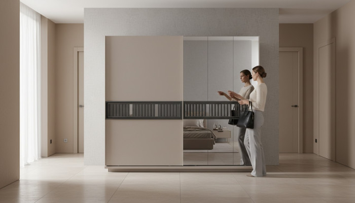 Modern beige bedroom wardrobe mirrored cabinet wood furniture