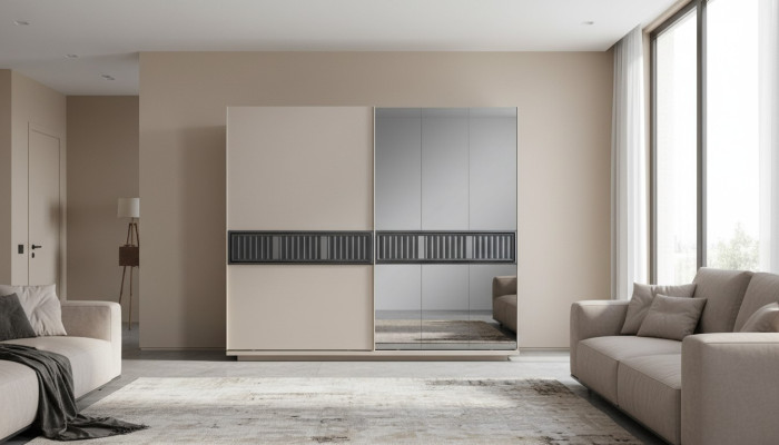 Modern beige bedroom wardrobe mirrored cabinet wood furniture