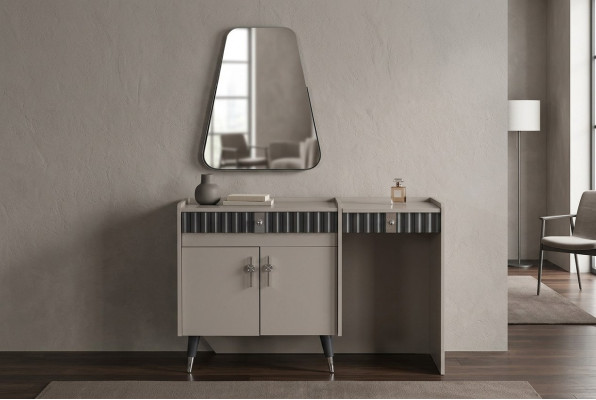 Beige wooden vanity table, designer cosmetic console with mirror, 2-piece set