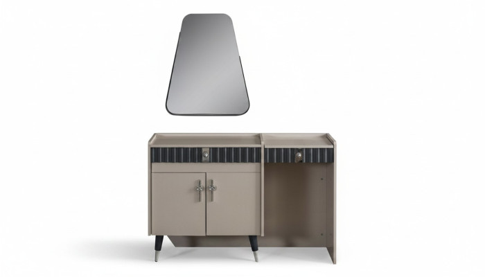 Beige wooden vanity table, designer cosmetic console with mirror, 2-piece set