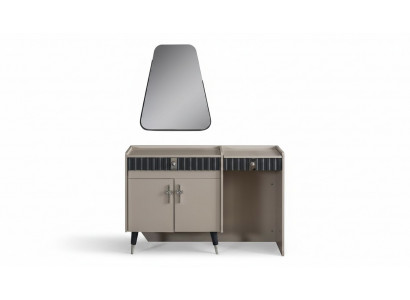 Beige wooden vanity table, designer cosmetic console with mirror, 2-piece set