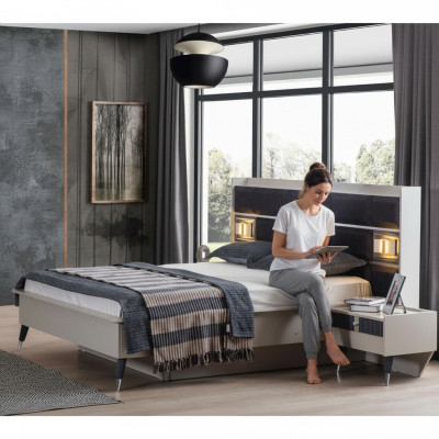 Gray-white bedroom set double bed 2x nightstands 3-piece set