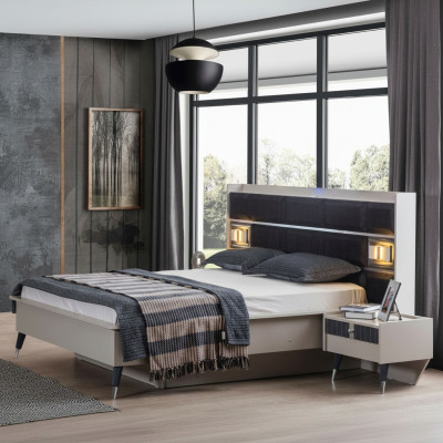 Gray-white bedroom set double bed 2x nightstands 3-piece set