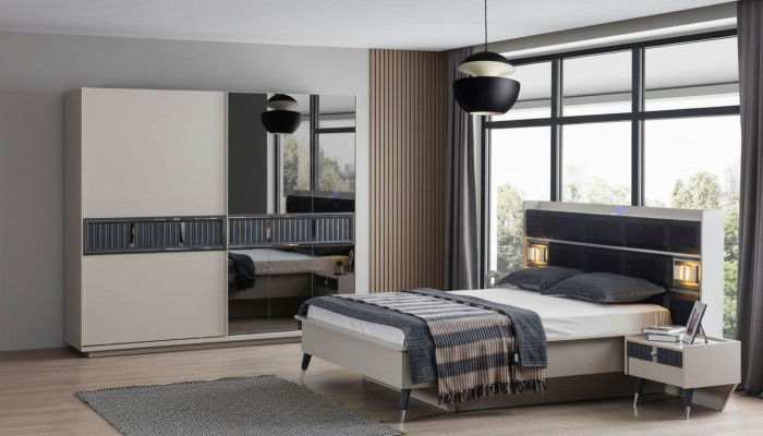 Gray bedroom furniture designer bed 2x nightstands wood wardrobe 4-piece set