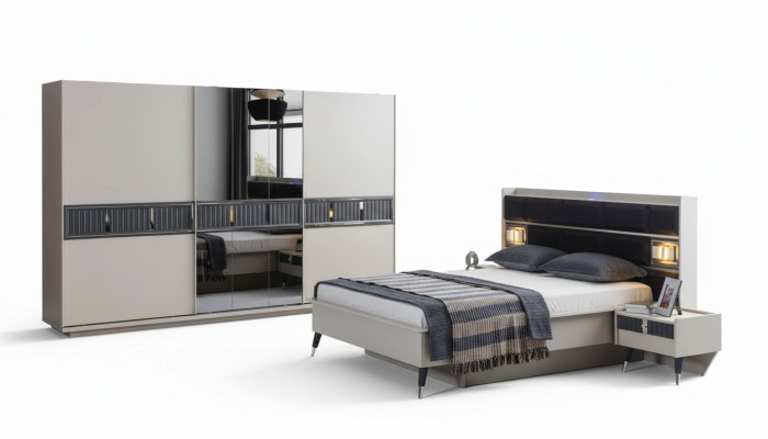 Gray bedroom furniture designer bed 2x nightstands wood wardrobe 4-piece set