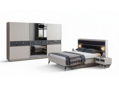 Gray bedroom furniture designer bed 2x nightstands wood wardrobe 4-piece set