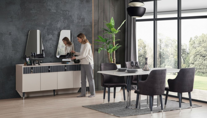 Modern dining set rectangular dining table 6x chairs sideboard 2x mirrors