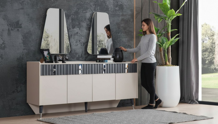 Complete Designer Beige Set Dresser Sideboard 2x Mirror 3-piece Set