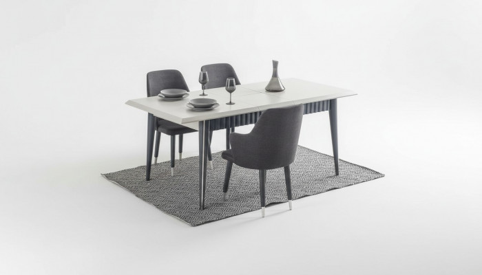 Designer Rectangular White Dining Table with 6 Grey Upholstered Chairs 7-piece Set