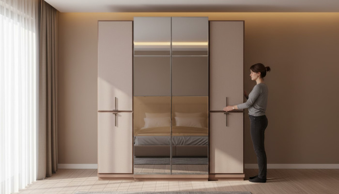 Beige bedroom wardrobe designer wooden wardrobe glass cabinet new