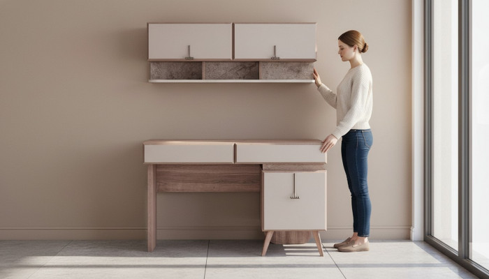 Beige Desk Luxurious Office Table Wall Cabinet Computer Table Set