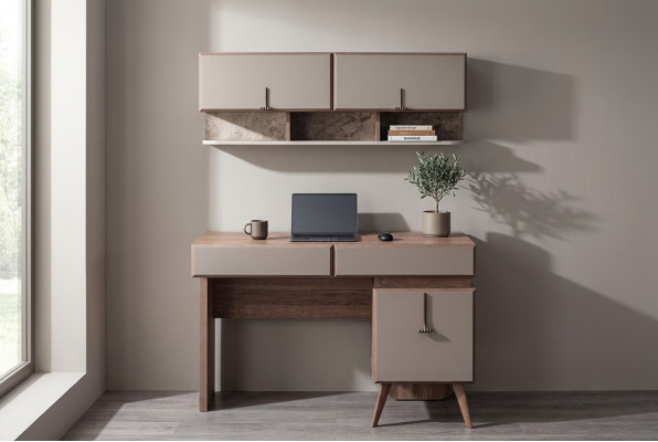 Beige Desk Luxurious Office Table Wall Cabinet Computer Table Set