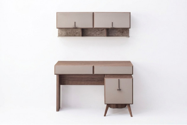 Beige Desk Luxurious Office Table Wall Cabinet Computer Table Set