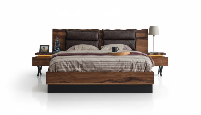 Bedroom wooden furniture set, robust bed, 2 nightstands, 3-piece luxury set