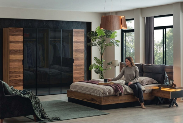 Modern bedroom furniture designer bed 2x nightstands wardrobe