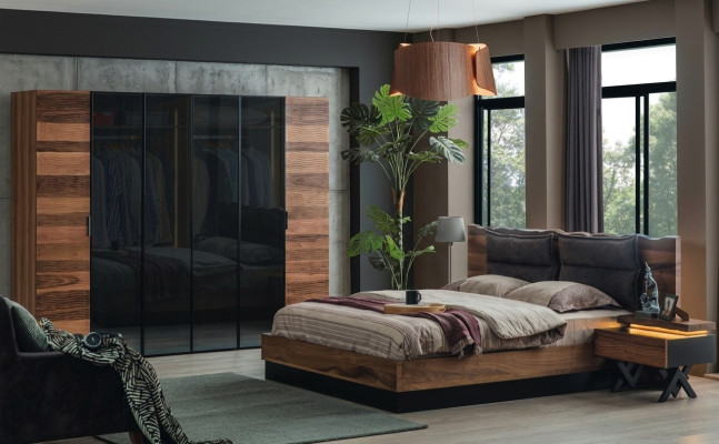 Modern bedroom furniture designer bed 2x nightstands wardrobe