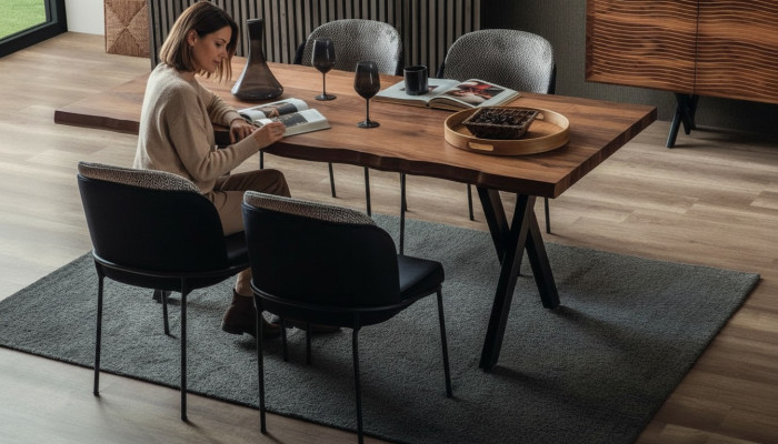 Exclusive wooden dining table, modern 6x upholstered chairs, dining room set