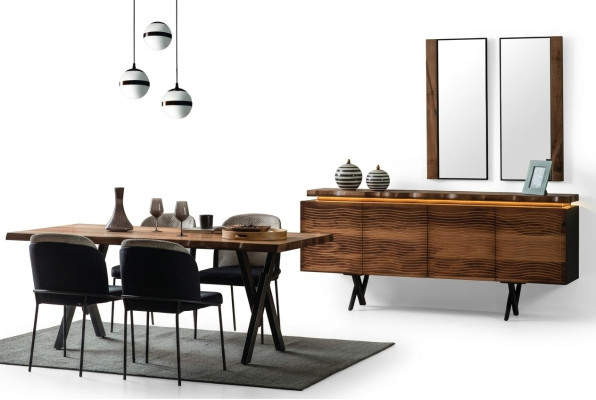 Complete Brown-Black Dining Set Designer Wooden Dining Table Upholstered Chairs