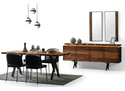 Complete Brown-Black Dining Set Designer Wooden Dining Table Upholstered Chairs