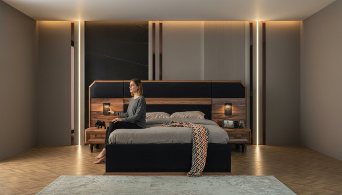Brown-black wood bedroom set double bed 2x nightstands 3 pieces