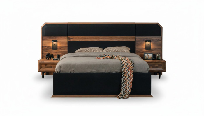 Brown-black wood bedroom set double bed 2x nightstands 3 pieces