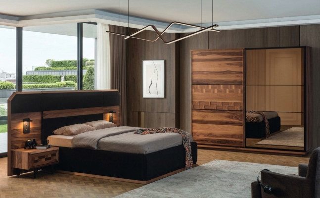 Exquisite bedroom set: Noble double bed, 2 wooden nightstands