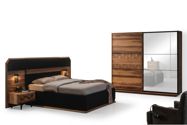 Exquisite bedroom set: Noble double bed, 2 wooden nightstands