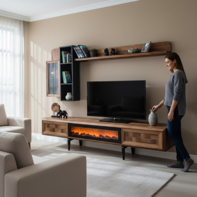 Brown living room wall unit designer TV stand RTV wood shelves LED