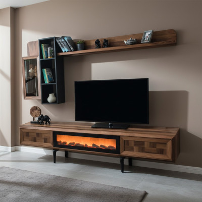Brown living room wall unit designer TV stand RTV wood shelves LED