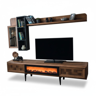 Brown living room wall unit designer TV stand RTV wood shelves LED