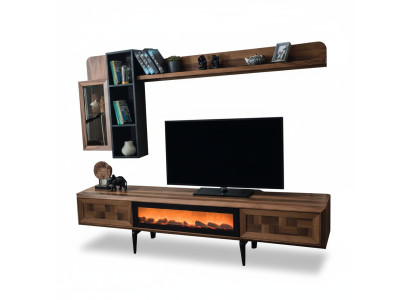 Brown living room wall unit designer TV stand RTV wood shelves LED