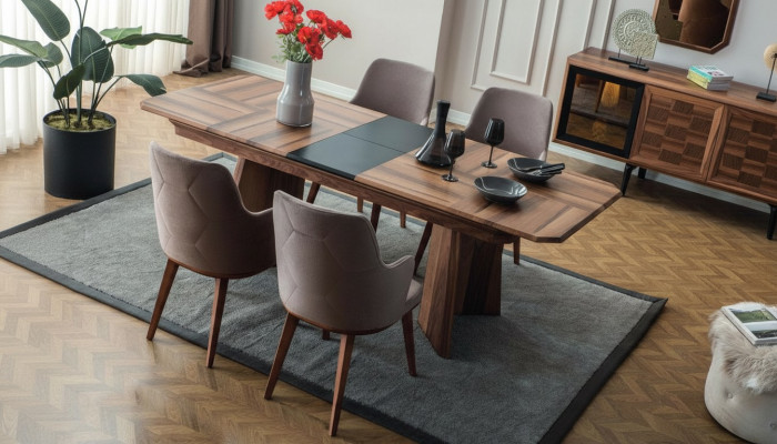 Complete dining set designer corner wooden dining table 6 upholstered chairs