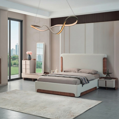 Stylish beige bedroom furniture upholstered double bed dressing table 5-piece set