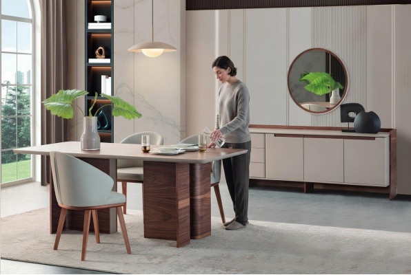 Exclusive dining room furniture, sturdy dining table, designer sideboard, chairs