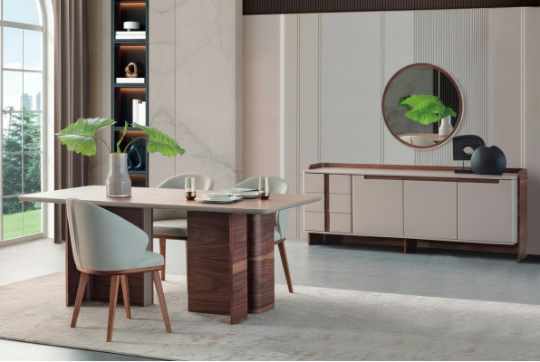 Exclusive dining room furniture, sturdy dining table, designer sideboard, chairs
