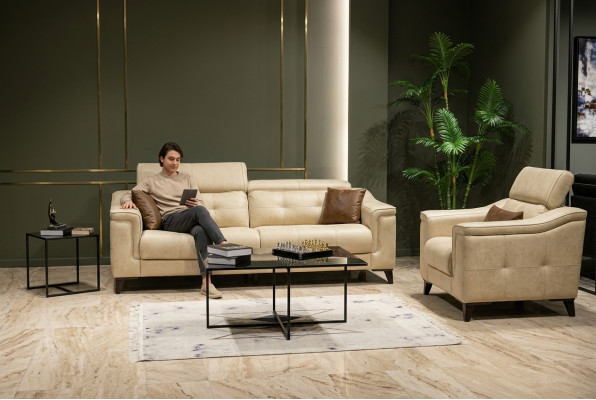 Beige living room three-seater leather sofa 3-seater upholstered couch wooden frame