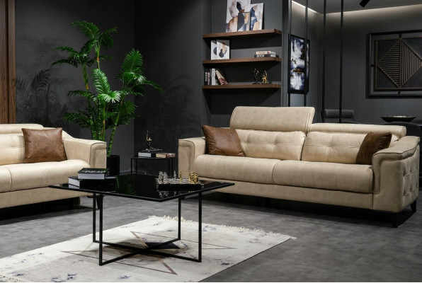 Beige living room three-seater leather sofa 3-seater upholstered couch wooden frame