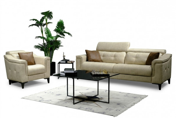 Beige living room three-seater leather sofa 3-seater upholstered couch wooden frame