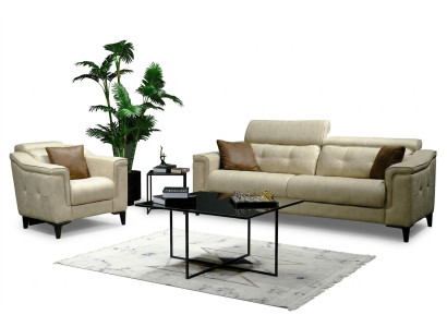 Beige living room three-seater leather sofa 3-seater upholstered couch wooden frame