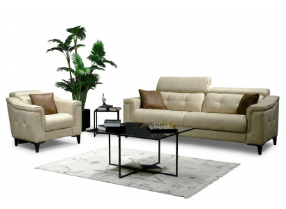 Beige living room three-seater leather sofa 3-seater upholstered couch wooden frame