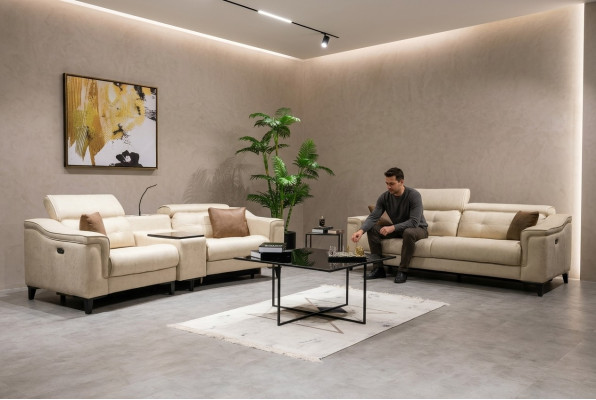 Beige Leather Sofa Set Designer 3-Seater 2-Seater Couch 2-Piece Set